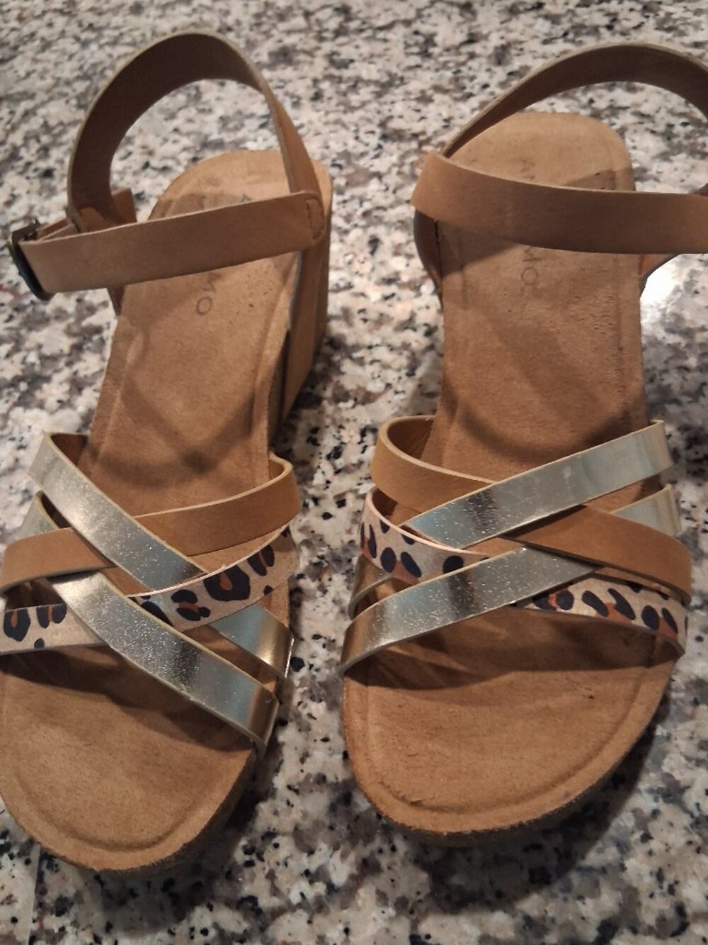 Andiamo | Women's Shoes | Mixed Strap Wedge Sandals, Leopard, Silver&Tan| Size 7